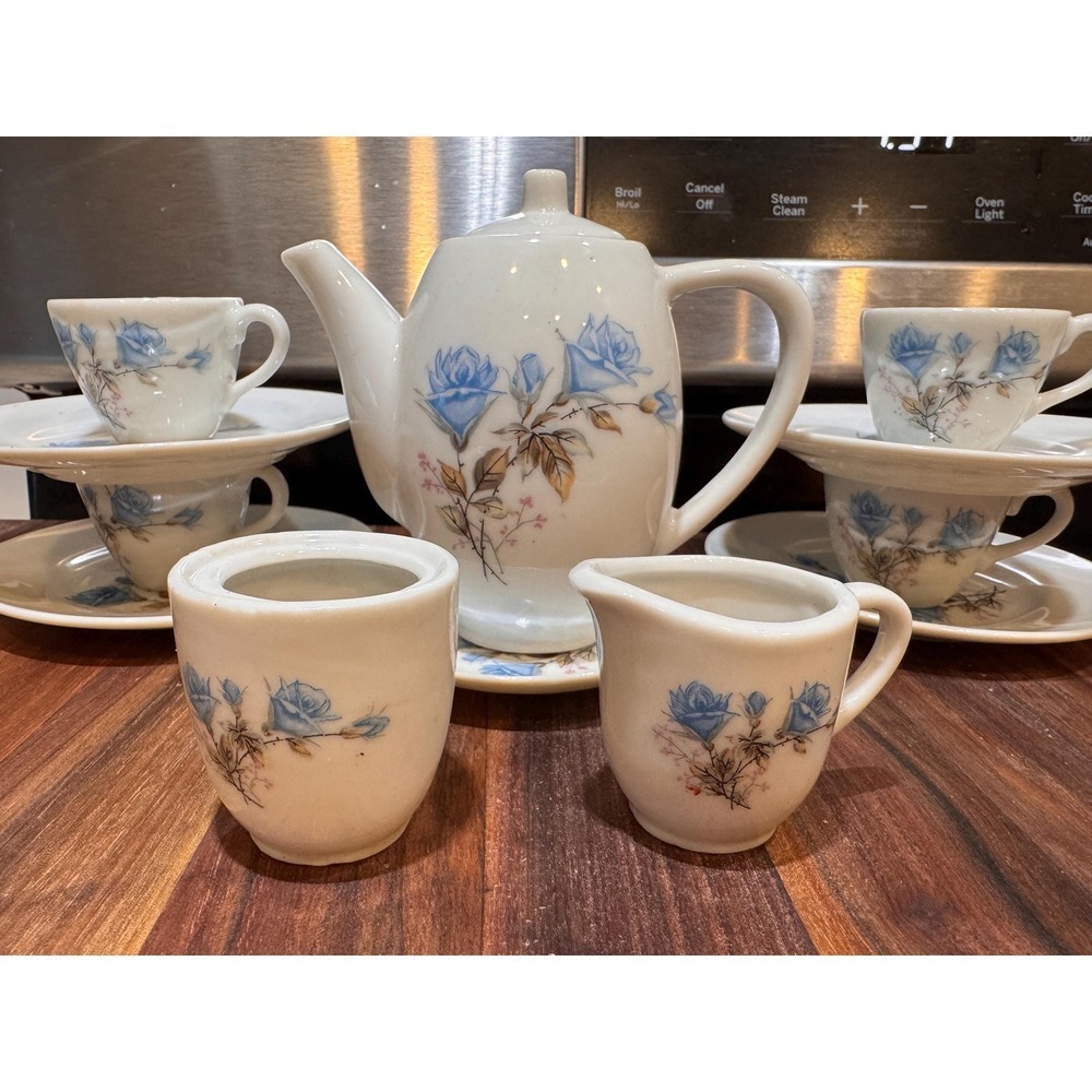 VTG Child's Mini Porcelain Tea Set Blue Rose Japan 13‎ Pc Replacements